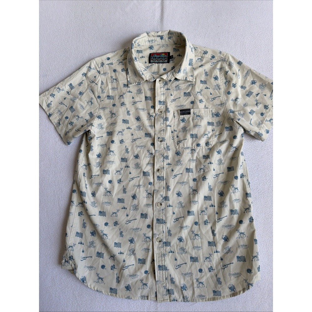 Burlebo Performance Shirt Mens M Button Up America Flag Guitar Deer Short Sleeve